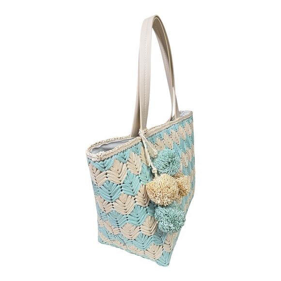 BTB Los Angeles Bria Straw Tote Cream Blue Woven Tote Bag Pom-Poms - Picture 2 of 8